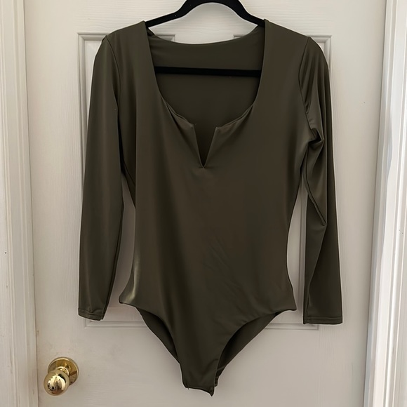 Olive Green Deep V Bodysuit - Picture 1 of 2